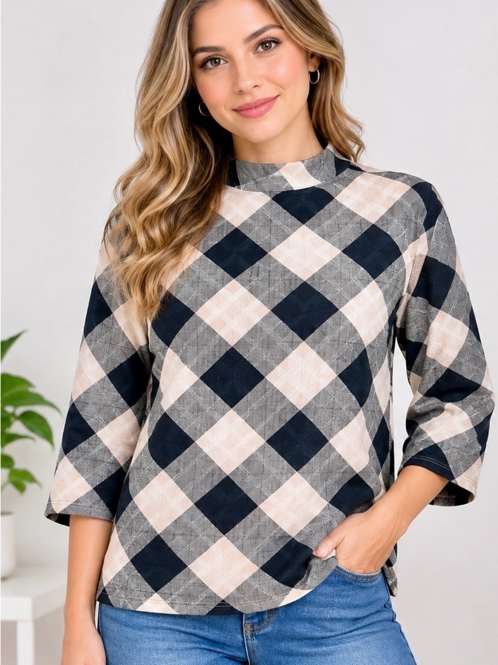 Rachel Zoe Plaid Mock Neck Top in Beige, Black and Gray
